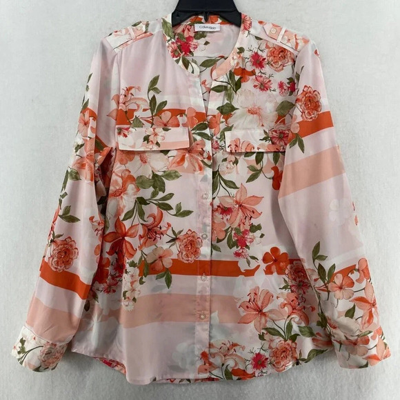 Calvin Klein Collection Tops - Calvin Klein Long Sleeve Blouse Womens Sz M Orange Floral Button Front Casual